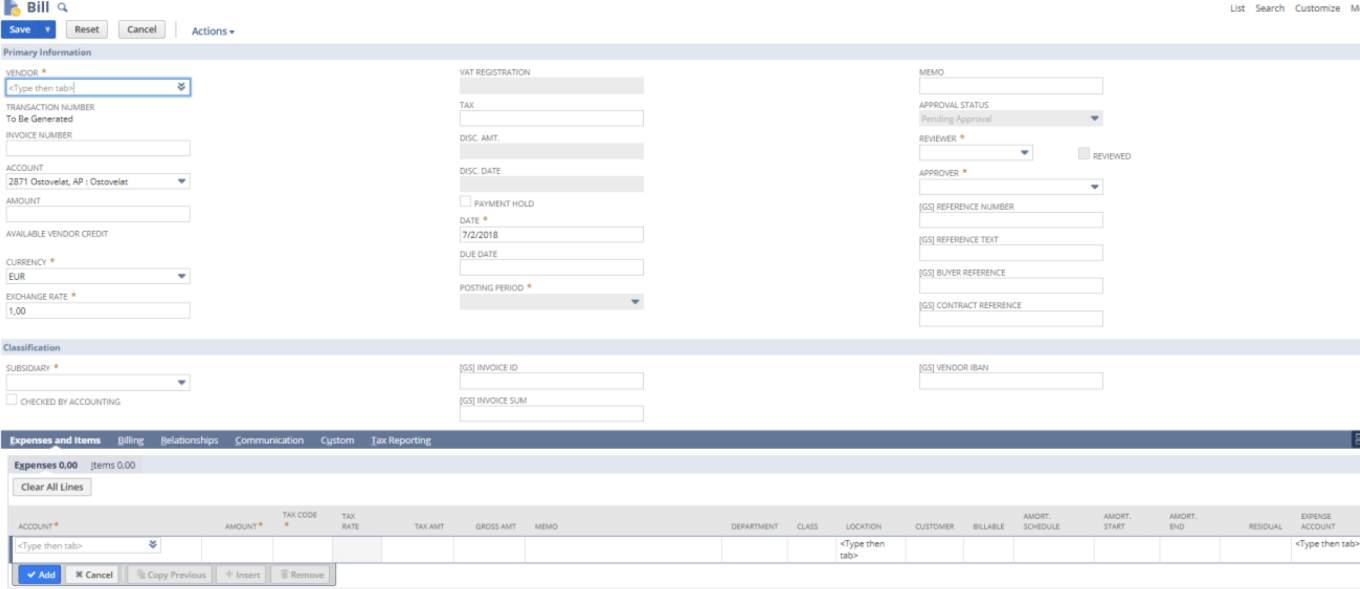 Manually enter vendor bill to NetSuite